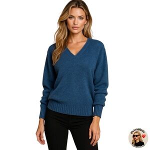 Vintage Shetland Pure New Wool V-Neck Sweater Blue Made In Scotland Classic 40 L